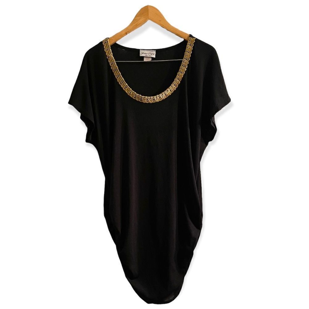 90’s Vintage Jordan Taylor Black Gold Crepe Round Neck Ruched Coverup Dress Sz M